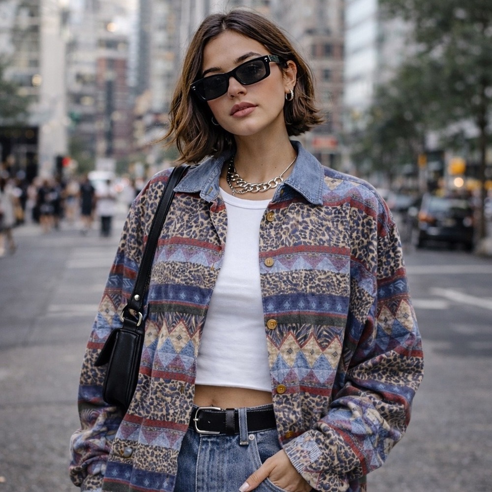 Vintage 90s‎ Mixed Animal Print Geometric Shirt Denim Collar Indiecore XL